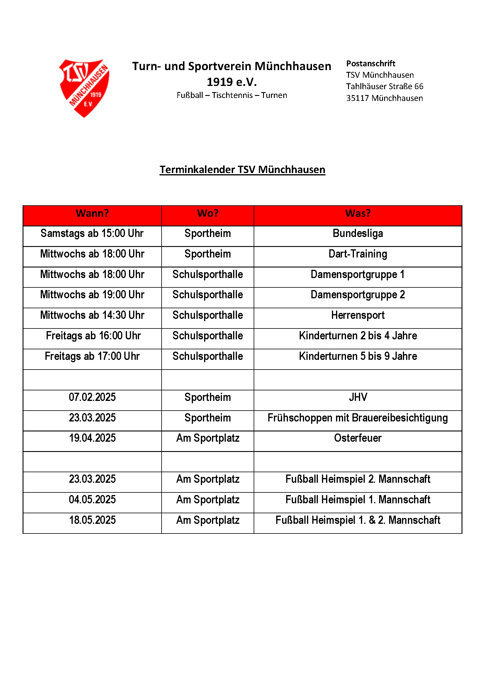 Terminkalender TSV